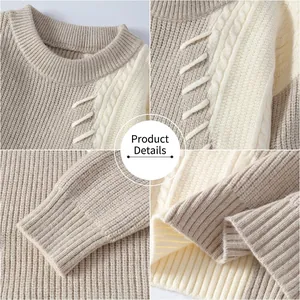 Damen Strickpullover in Beige mit Rundhalsausschnitt, Zopfmuster und lockerem Schnitt