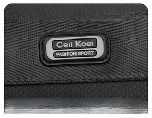 Macro view of Celi Koel rubber label and high-density webbing on the black nylon chest bag