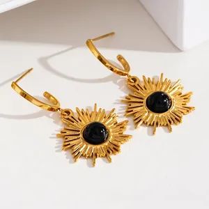 18K gold-plated stainless steel hoop earrings with sun pendant and black stone