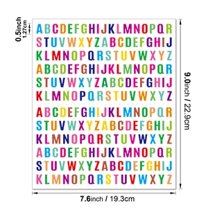 Detail showing 0.5-inch colorful alphabet stickers with precise size measurements in inches
