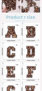Size chart for leopard print embroidered letter patches with dimensions in cm and inch