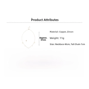 Detailed specs for gold cross necklace with copper and zircon material and dimensions