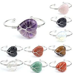 Handmade Tree of Life Wire Wrapped Natural Crystal Bangle Heart Shaped Gemstone Open Cuff Bracelet For Women Bohemian Vintage Jewelry Gift