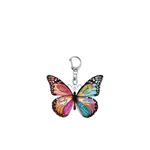 Detail of colorful butterfly keychain with motivational Bible verses on acrylic wings