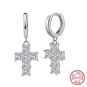 925 Sterling Silver Cross Drop Earrings Unisex Square Zirconia Inlaid Geometric Hoop Dangle Earrings Fashion Jewelry Gift