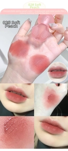 Matte lip mud 02 peach pink shade with rabbit-shaped packaging and swatches