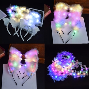 LED Glowing Headband Light Up Plush Rabbit Cat Ears Feather Angel Wings Reindeer Antler For Party Festival Novelty