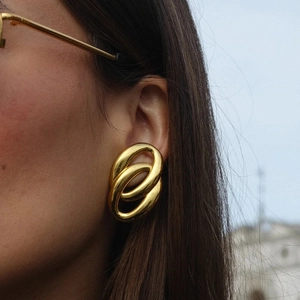 Interlocking Double Oval Stud Earrings Stainless Steel Geometric Twisted Polished Gold Silver Tone Jewelry For Women