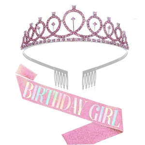Rose gold Birthday Girl sash with glitter finish and sparkling rhinestone tiara set