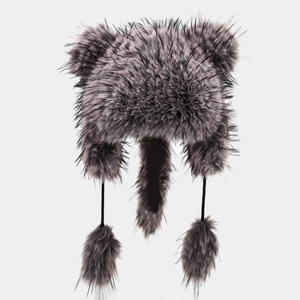 Winter faux fur earmuff hat with cute bear ears and fluffy pom-poms in grey color