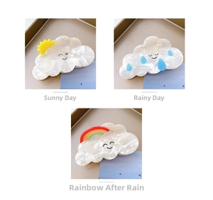 Detailed views of cloud hair claws featuring sun, rain, and rainbow cute emoji designs