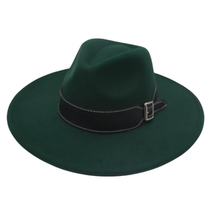 Detail of dark green wool felt fedora with black leather band and silver buckle