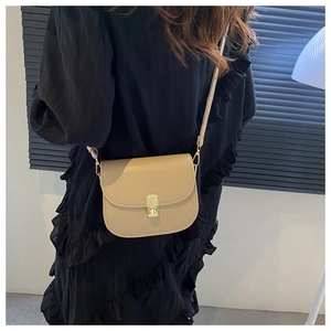 Detailed view of beige saddle bag with gold buckle on black pleated dress