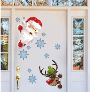 Détail des autocollants de porte Père Noël et renne avec des flocons de neige bleus