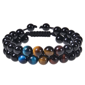 Double-layer bohemian bracelet with turquoise, tiger eye beads and adjustable braided cord