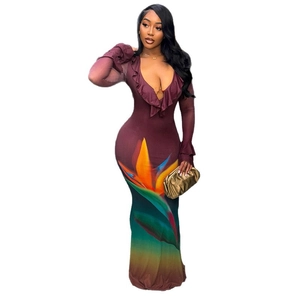 Deep red V-neck bodycon maxi dress with tropical floral print and sheer mesh sleeves
