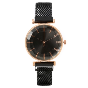 Reloj elegante en oro rosa para mujer con correa magnética negra y esfera de cristal tallado