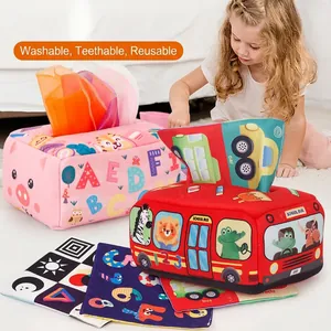 Washable baby tissue box toy set with pink pig and school bus for sensory development
