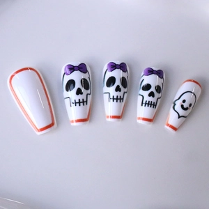 Long coffin Halloween press-on nails with skull, ghost patterns and purple bows