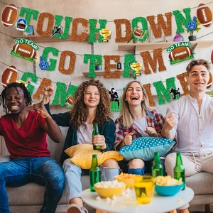 Glitter American football party banners with TOUCH DOWN text for Super Bowl decorations
