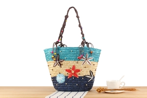 Détail du sac cabas en paille avec fleurs 3D brodées et poignée en perles