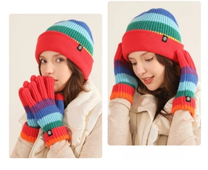 Detailed view of rainbow striped knit hat and matching gloves with woven logo labels