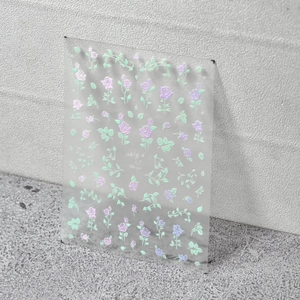Detail of MS-25 purple rose floral nail art decals with green leaves on clear sheet
