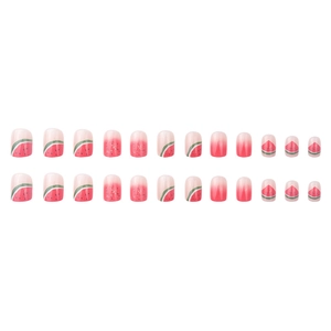 Short round gradient press-on nails with 24-piece summer watermelon theme and seeds