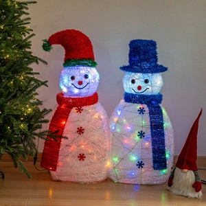 Festive set of two LED lighted wire snowmen decorations for indoor Christmas displays