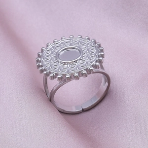 Detailed view of silver stainless steel geometric ring base with ornate vintage patterns