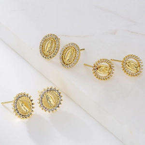 18K gold plated geometric stud earrings with Virgin Mary relief and zircon inlay