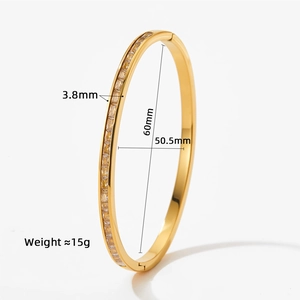Detail showing dimensions of gold stainless steel bangle with square zircon inlay