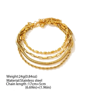 Detail view of 4-piece gold stainless steel layered bracelets with specs and sizing