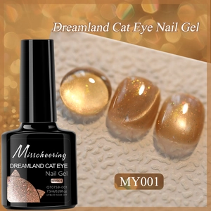 Detail of MY001 Dreamland Cat Eye Nail Gel bottle with golden shimmer swatch effect