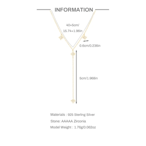 925 silver Y-shaped long tassel necklace with gold star pendants and sparkling zircons