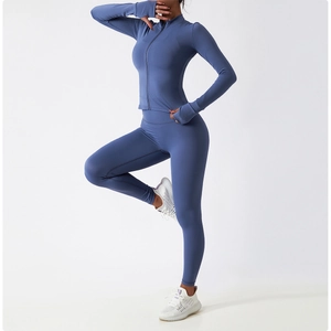 Detail of Morandi blue yoga set showing thumb holes and high waist seamless leggings