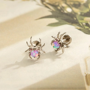 Spider Body Piercing Jewelry G23 Titanium Alloy Pink Opal Labret Cartilage Helix Tragus Stud Gothic Punk Style Women