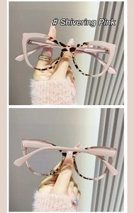 Detail view of Shivering Pink cat-eye glasses frame with tortoiseshell temples