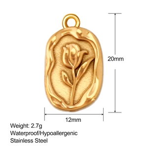 Detailed view of golden tulip embossed stainless steel pendant with size and weight info