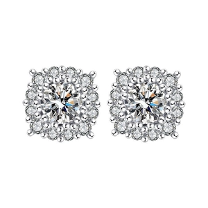 Macro view of square halo stud earrings with round moissanite and micro-pave details