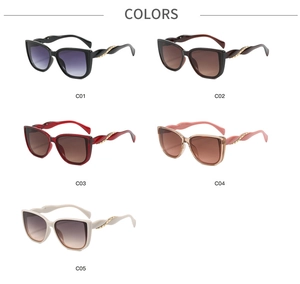 Detailed grid of fashion cat-eye sunglasses featuring twisted temples and gold metal accents