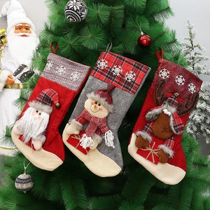 Christmas Stockings Gift Bags Plush Felt Fabric With 3D Santa Snowman Reindeer Design Plaid Snowflake Holiday Tree Hanging