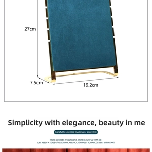 Detailed view of peacock blue velvet necklace stand with golden frame, dimensions 27x19x7.5cm