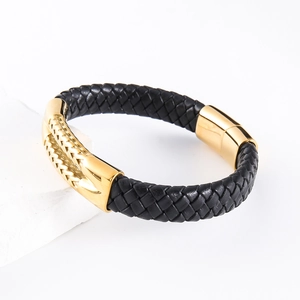 Men's braided black leather bracelet with golden metal buckle on white stone
