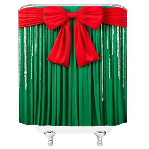Detail of Christmas shower curtain featuring festive red bow and green pleated fabric design