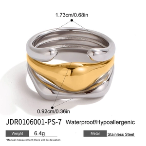 Detailed specs showing dimensions and textures of a layered mixed-metal stainless steel ring