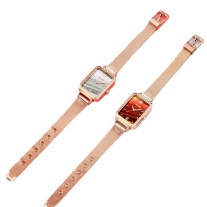 Luxury rose gold square quartz watches with mesh straps and marble texture dials for women