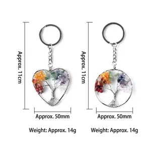 Natural crystal tree of life keychain with handmade wire wrapped heart and circle pendant