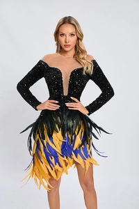 Detail of multi-color feathers and shimmering sequins on a V-neck evening gown