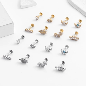 G23 Titanium flat back cartilage earrings with moon and leaf zircon inlay designs
